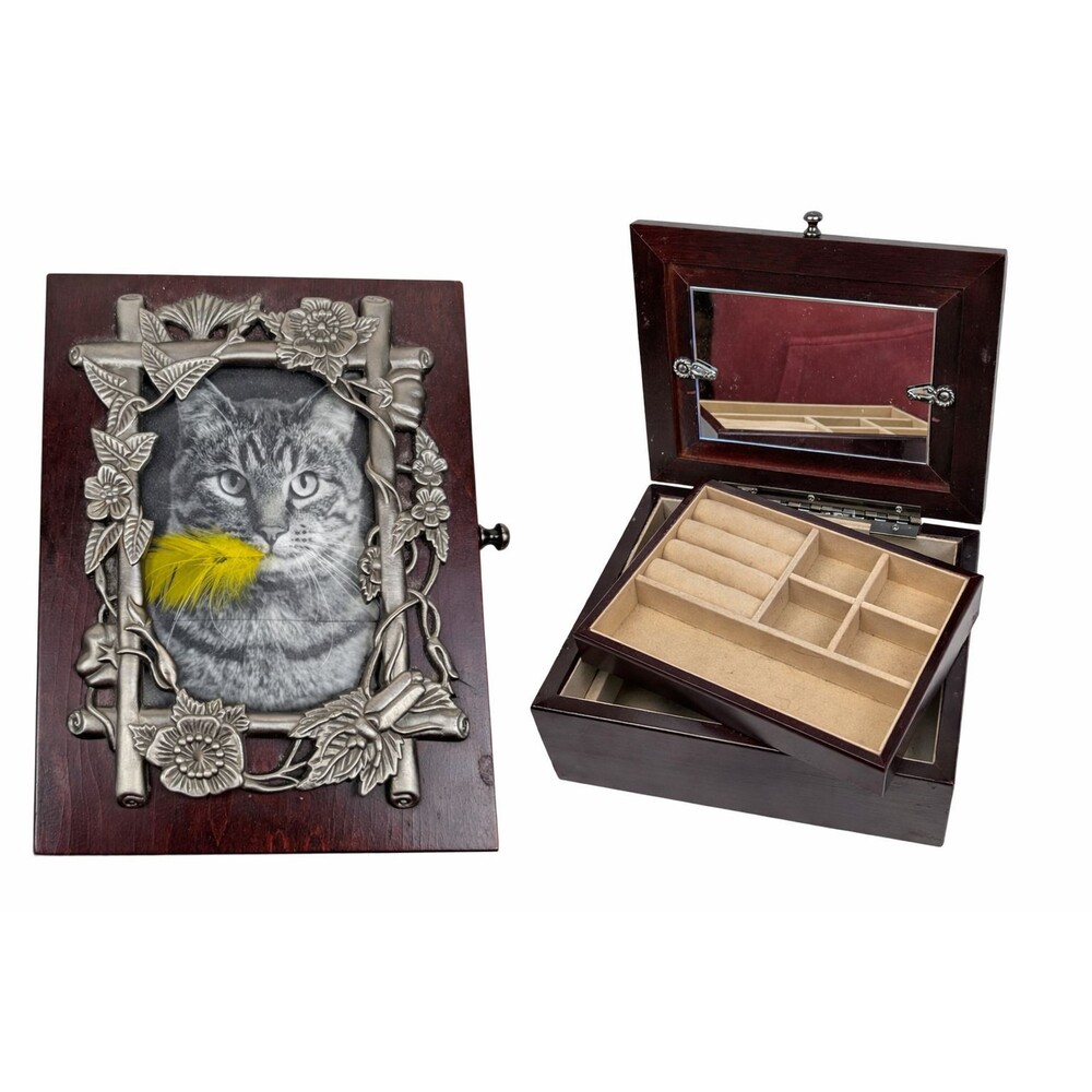 Jewelry Box Cherry Wood w/‎ Mirror and Lift Tray Felt Inside replaceable photo